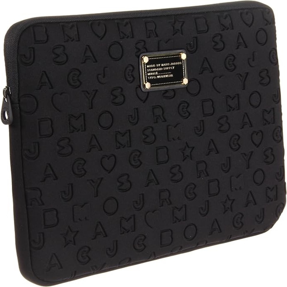 Marc Jacobs Black Embossed Logo Laptop Sleeve with Gold Plaque